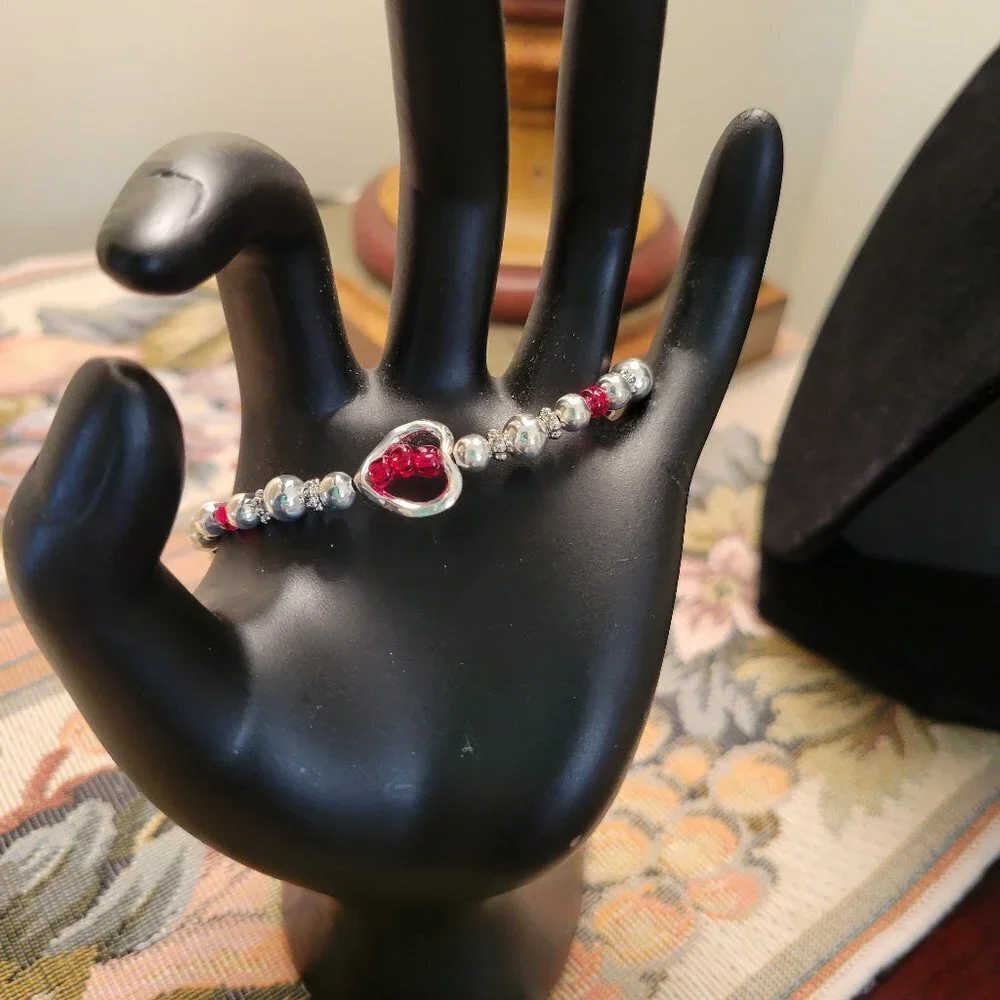 Handmade Beaded Bracelet Silver Heart & Red Beads